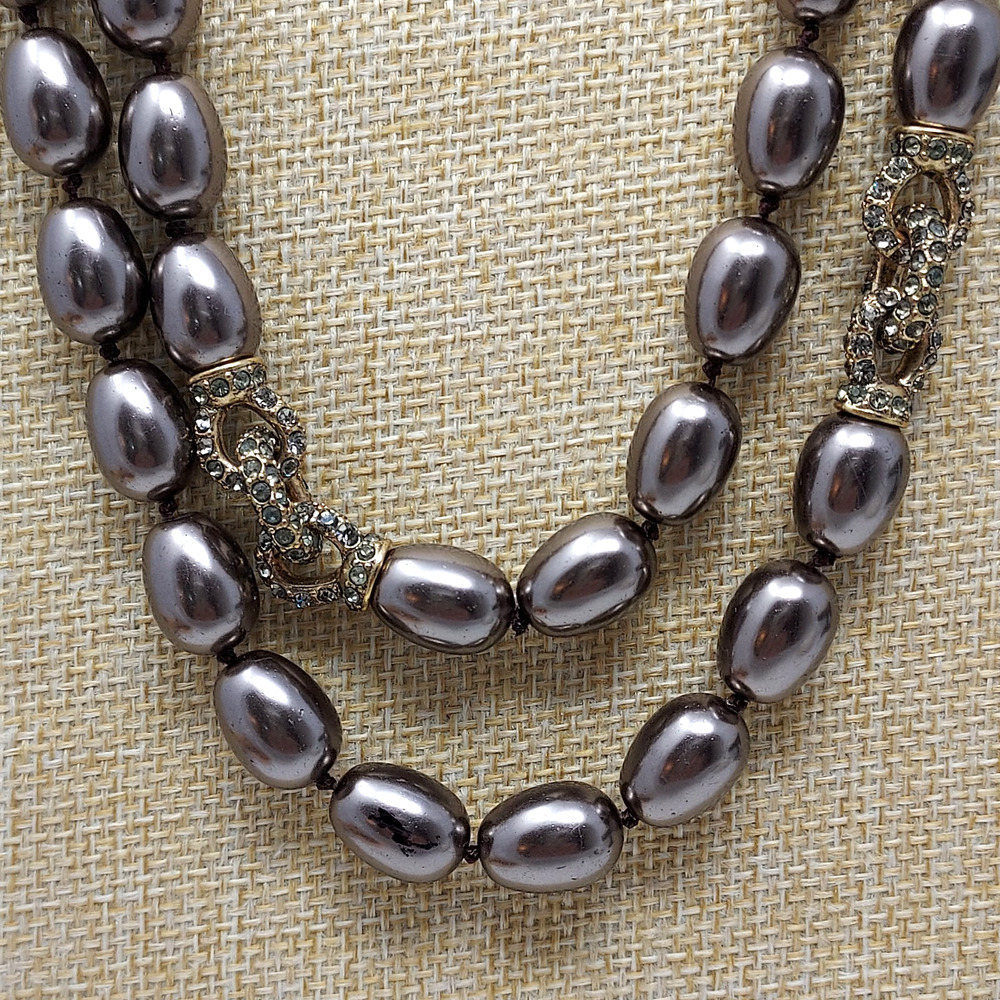 Vintage Monet Taupe Glass Pearl Necklace Ornate Rhinestone Stations & Clasp 60s